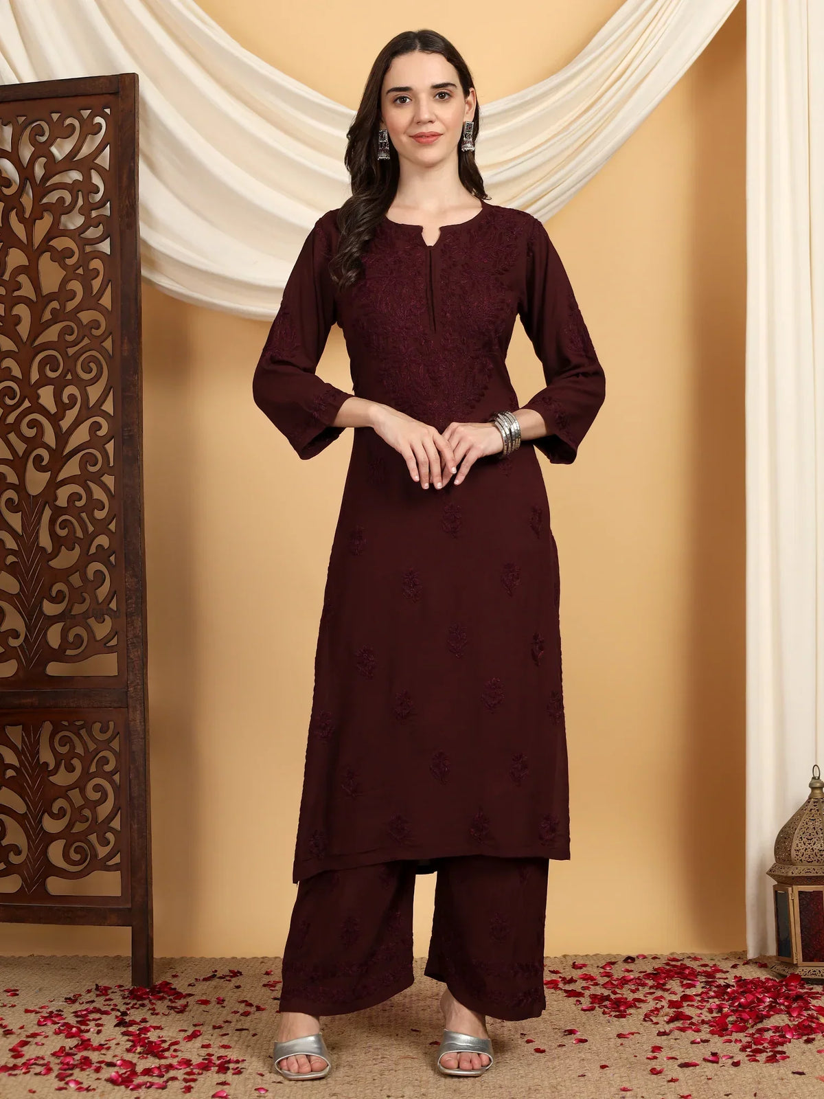 Faiza Chikankari Rayon Co-ord Set (Brown)