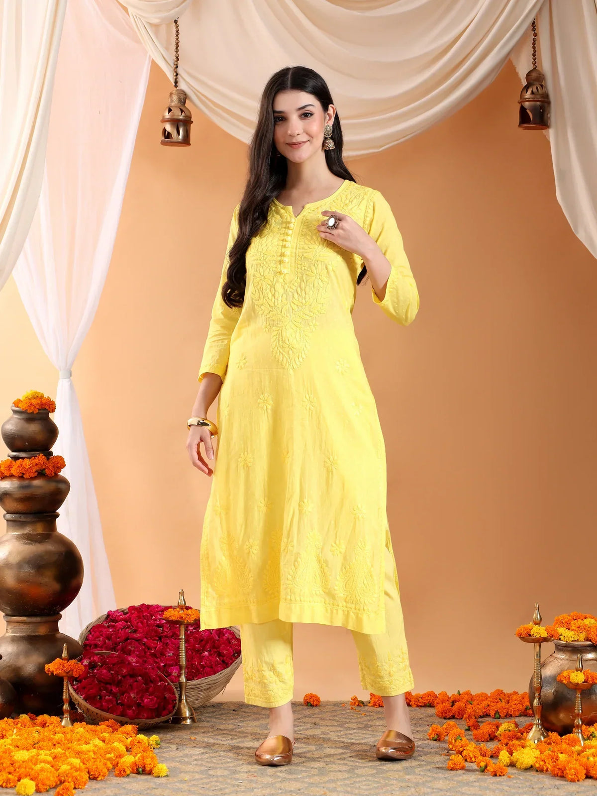 Ananya Chikankari Kurta Pant Cotton Co-ord Set (Yellow)