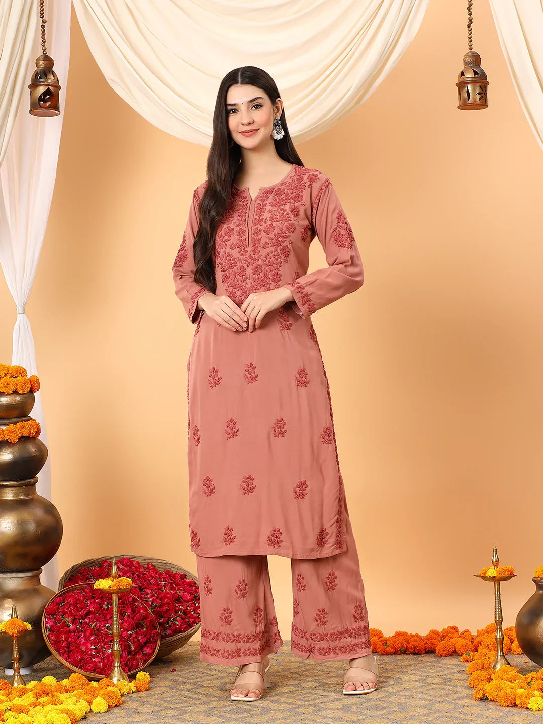 Faiza Chikankari Rayon Co-ord Set (Nude Coral)