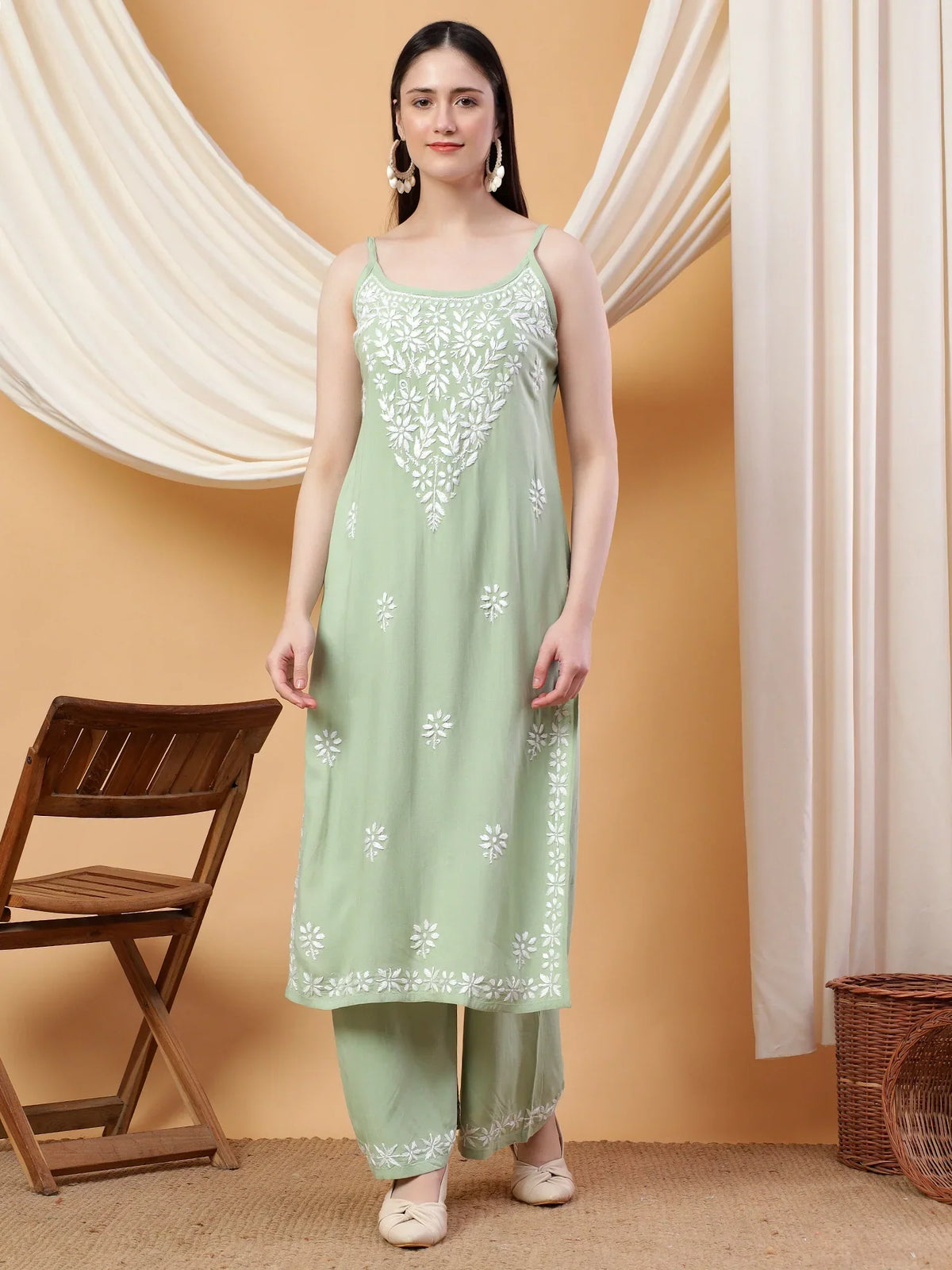 Raha Chikankari Strappy Rayon Co-ord Set (Pastel Green)