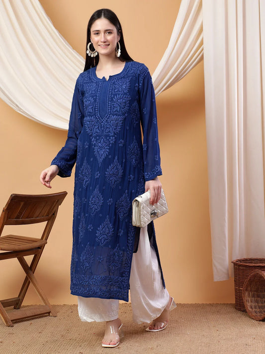 Dua Premium Viscose 3D Chikankari Straight Kurta (Navy)