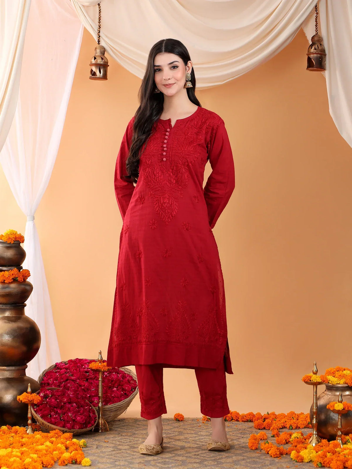 Ananya Chikankari Kurta Pant Cotton Co-ord Set (Maroon)