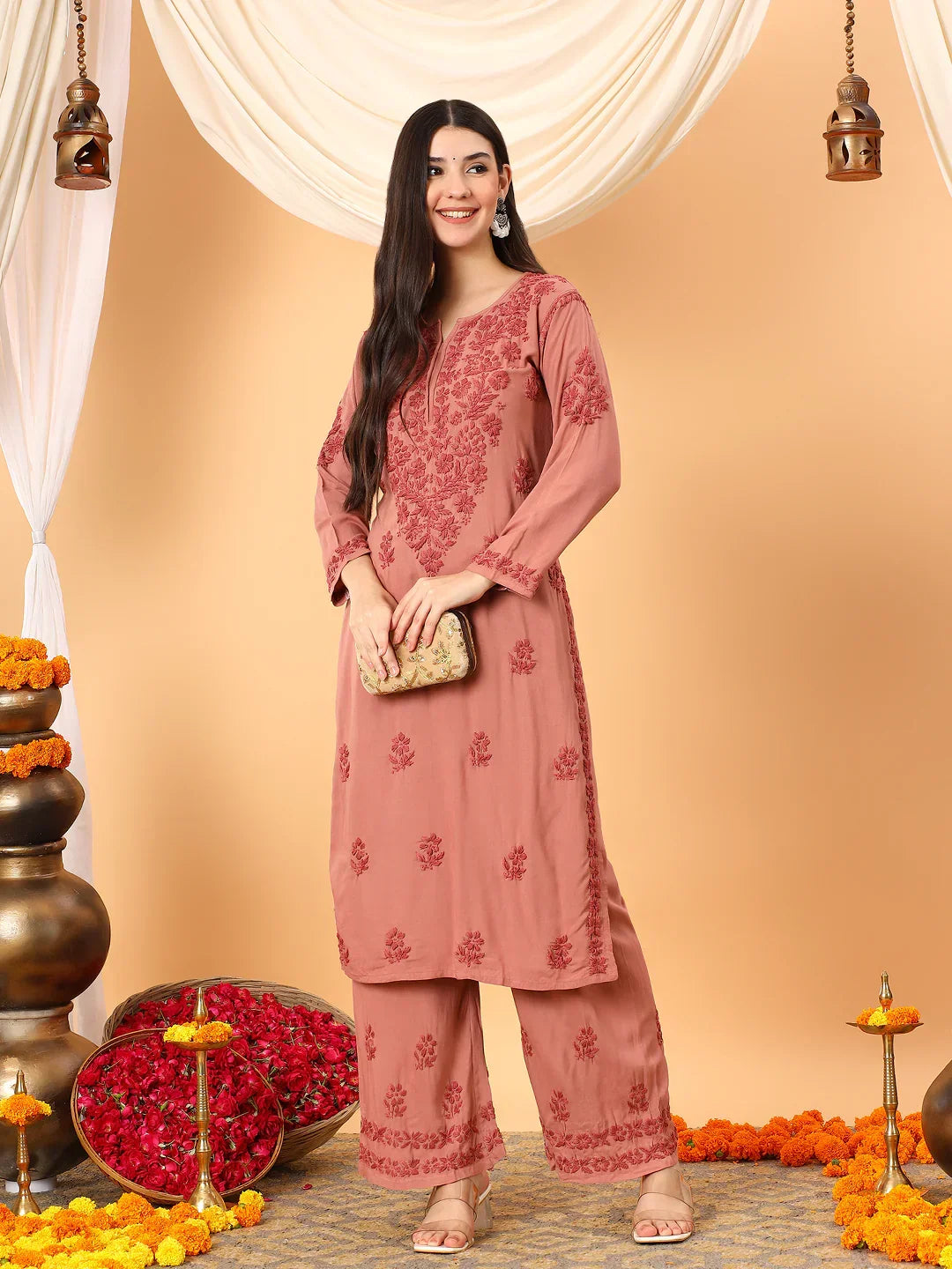 Faiza Chikankari Rayon Co-ord Set (Nude Coral)