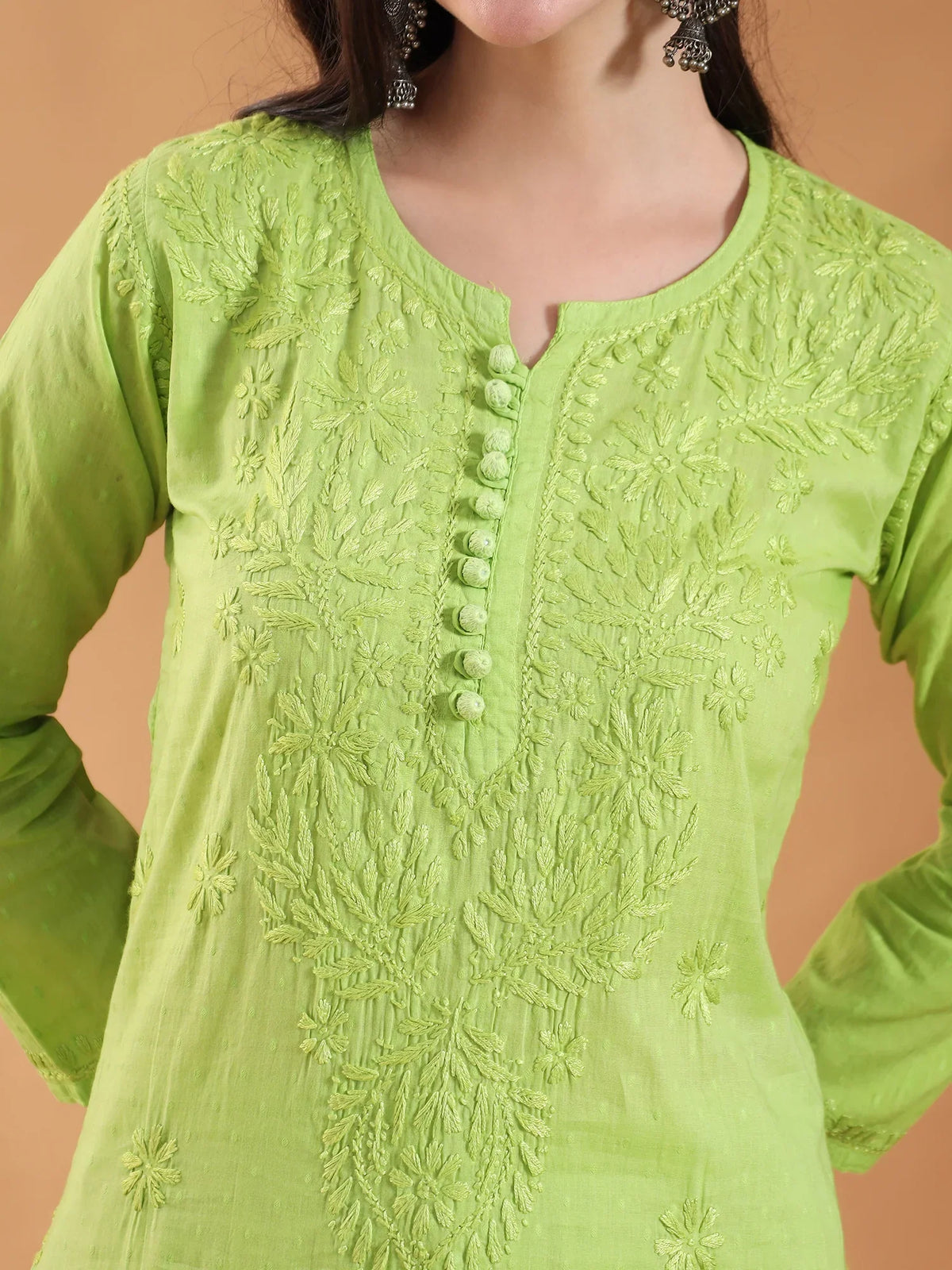 Ananya Chikankari Kurta Pant Cotton Co-ord Set (Parrot Green)