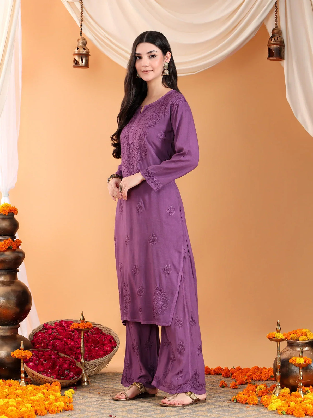Maryam Chikankari Rayon Co-ord Set (Mauve)