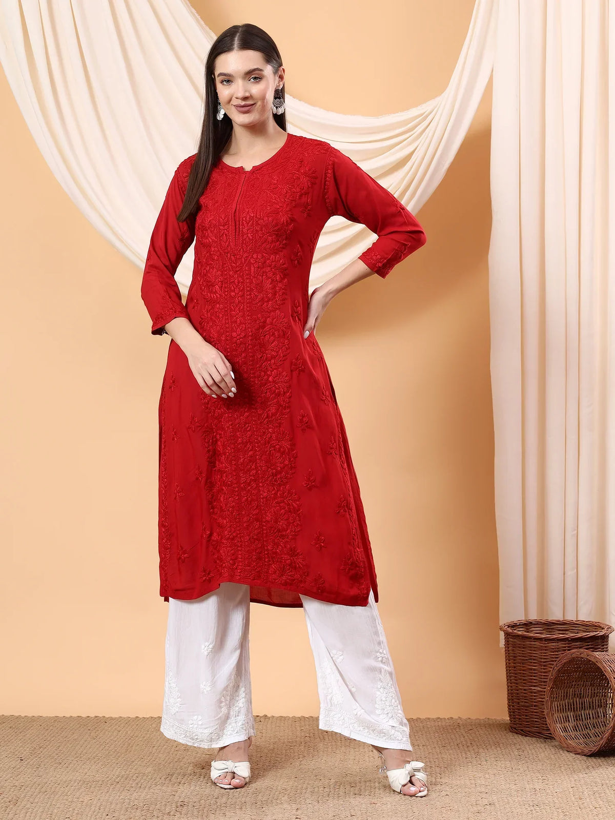 Alina Chikankari Modal Straight Kurta (Maroon)