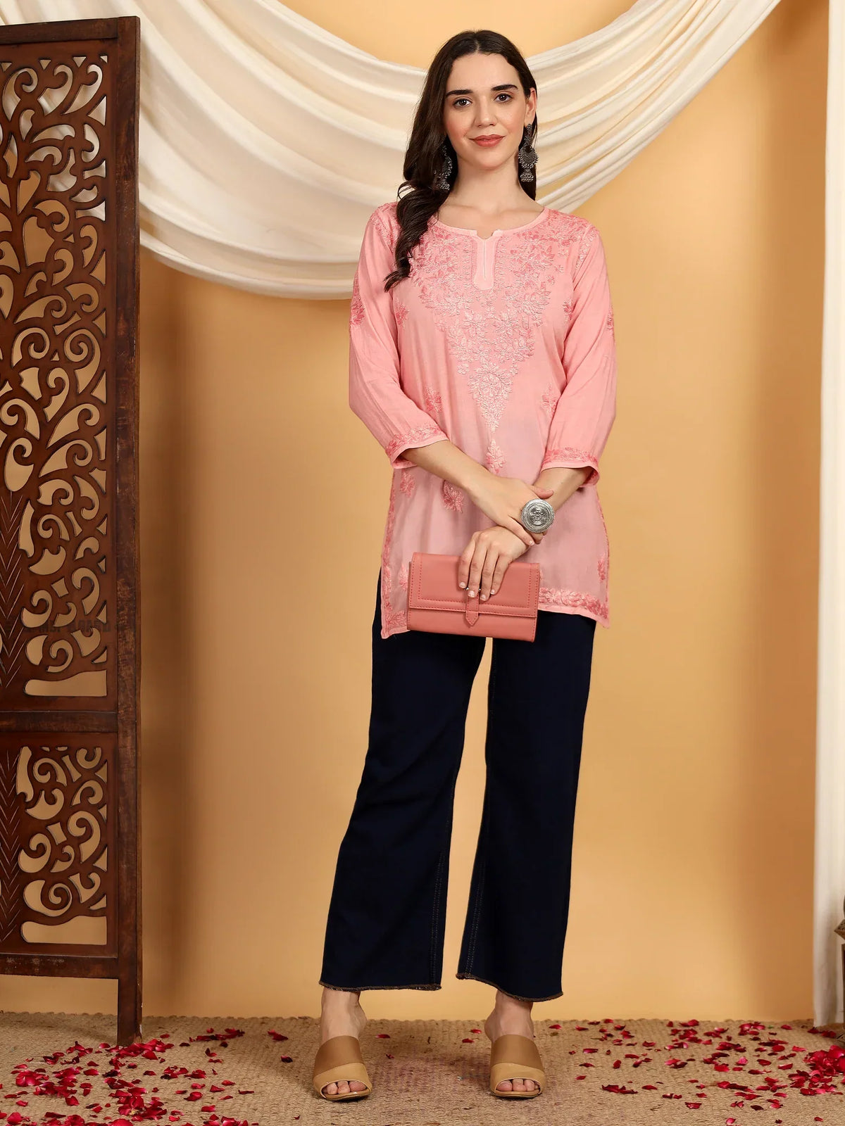 Misha Chikankari Modal Short Kurti (Pastel Peach)