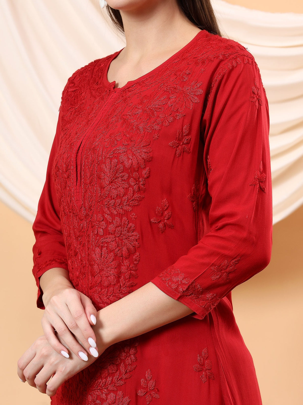 Alina Chikankari Modal Straight Kurta (Maroon)