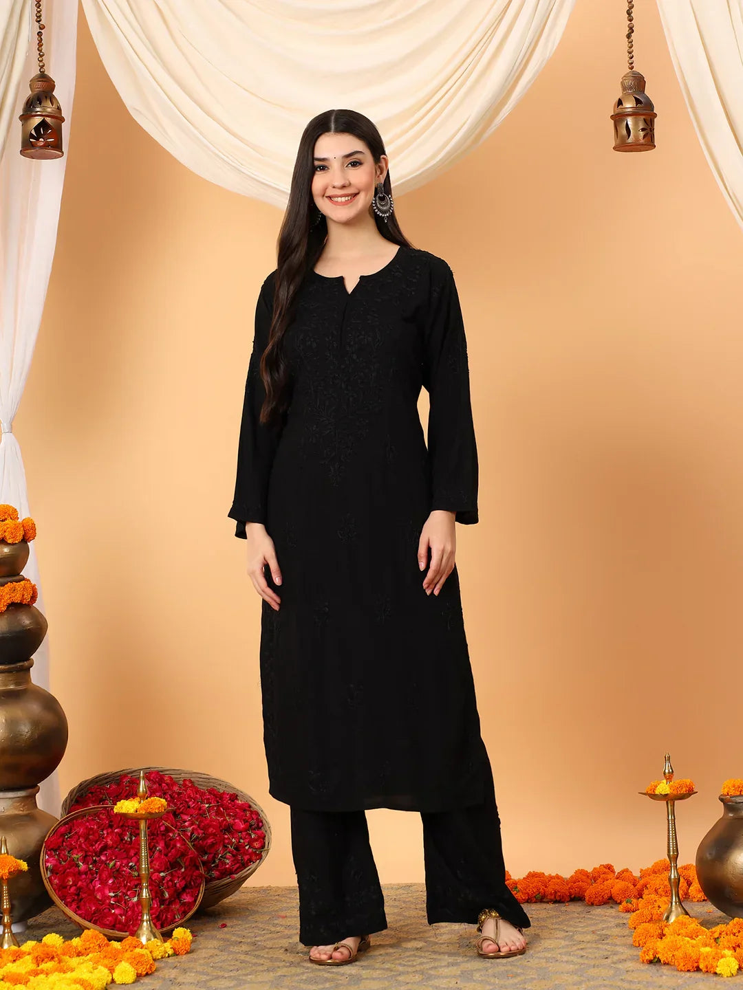 Faiza Chikankari Rayon Co-ord Set (Black)