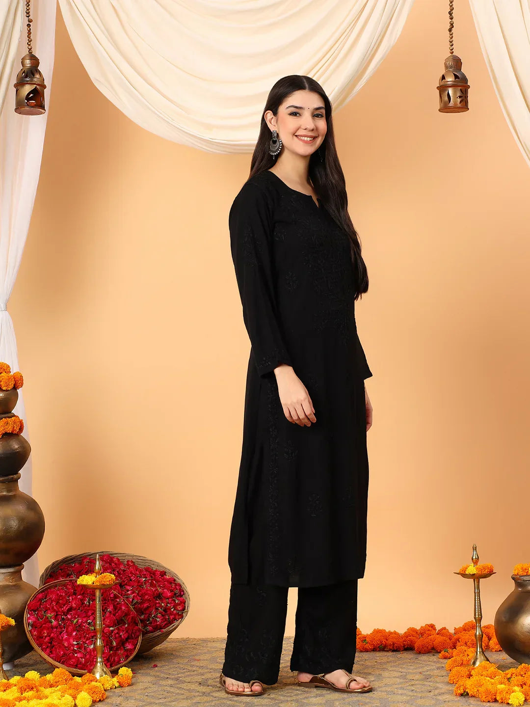 Faiza Chikankari Rayon Co-ord Set (Black)
