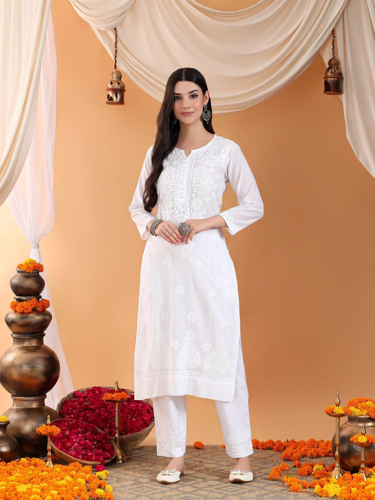 Ananya Chikankari Kurta Pant Cotton Co-ord Set (White)