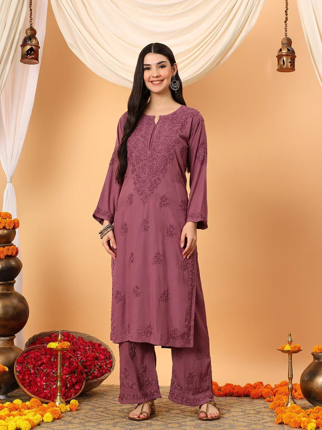 Faiza Chikankari Rayon Co-ord Set (Plum)