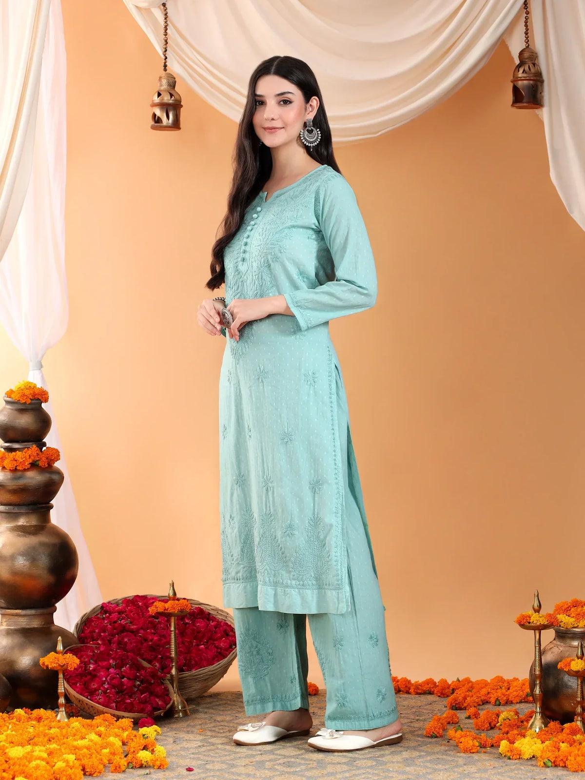 Priya Chikankari Kurta Palazzo Cotton Co-ord Set (Pastel Green)