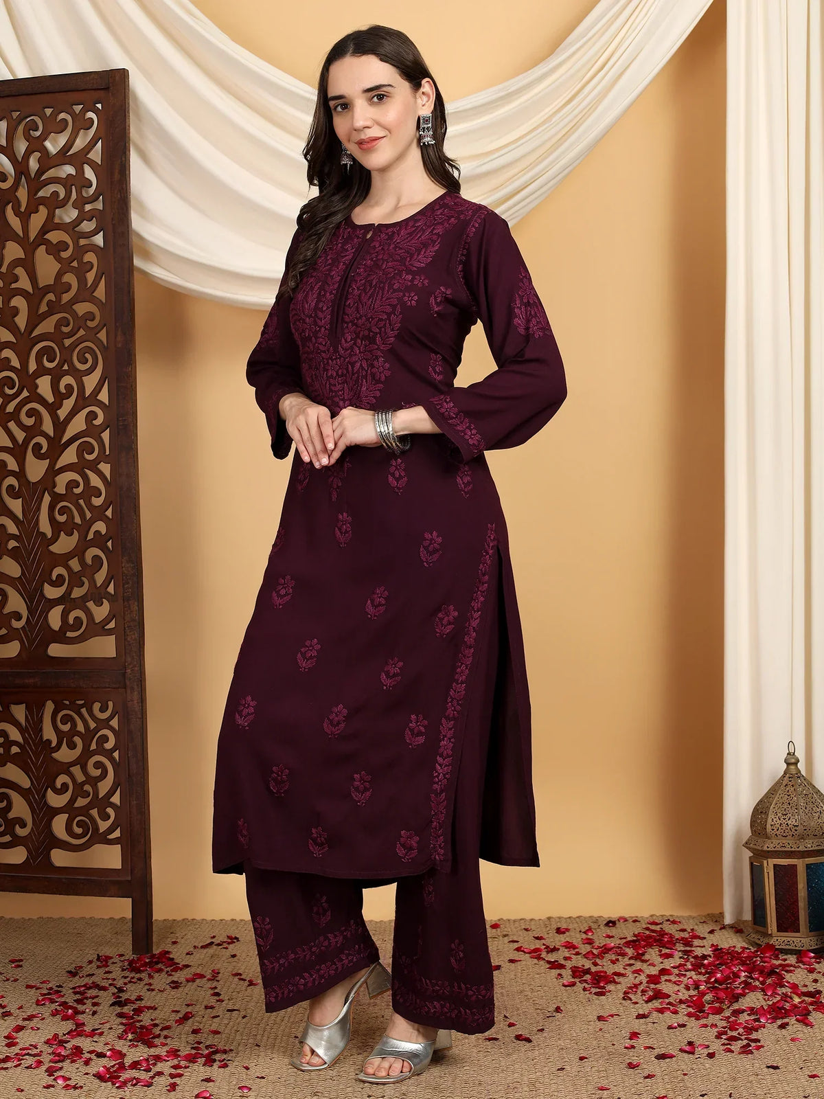 Faiza Chikankari Rayon Co-ord Set (Wine)