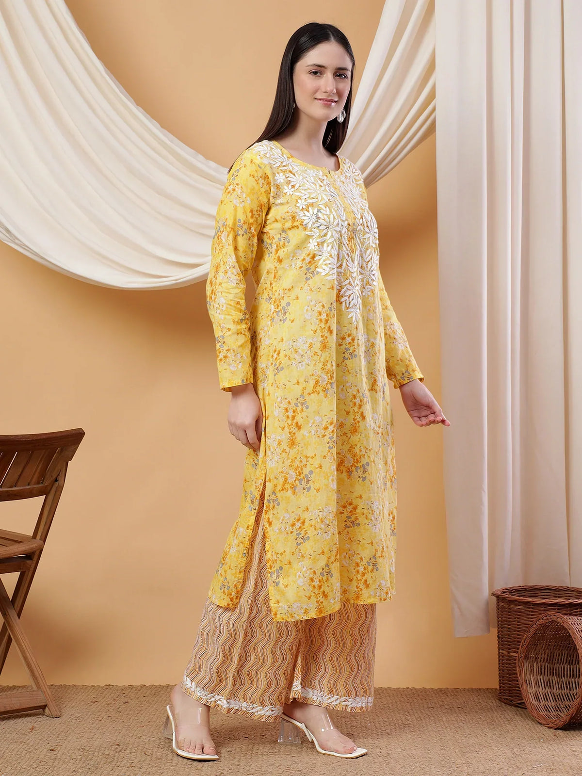 Anika Chikankari Mulmul Co-ord Set (Yellow)