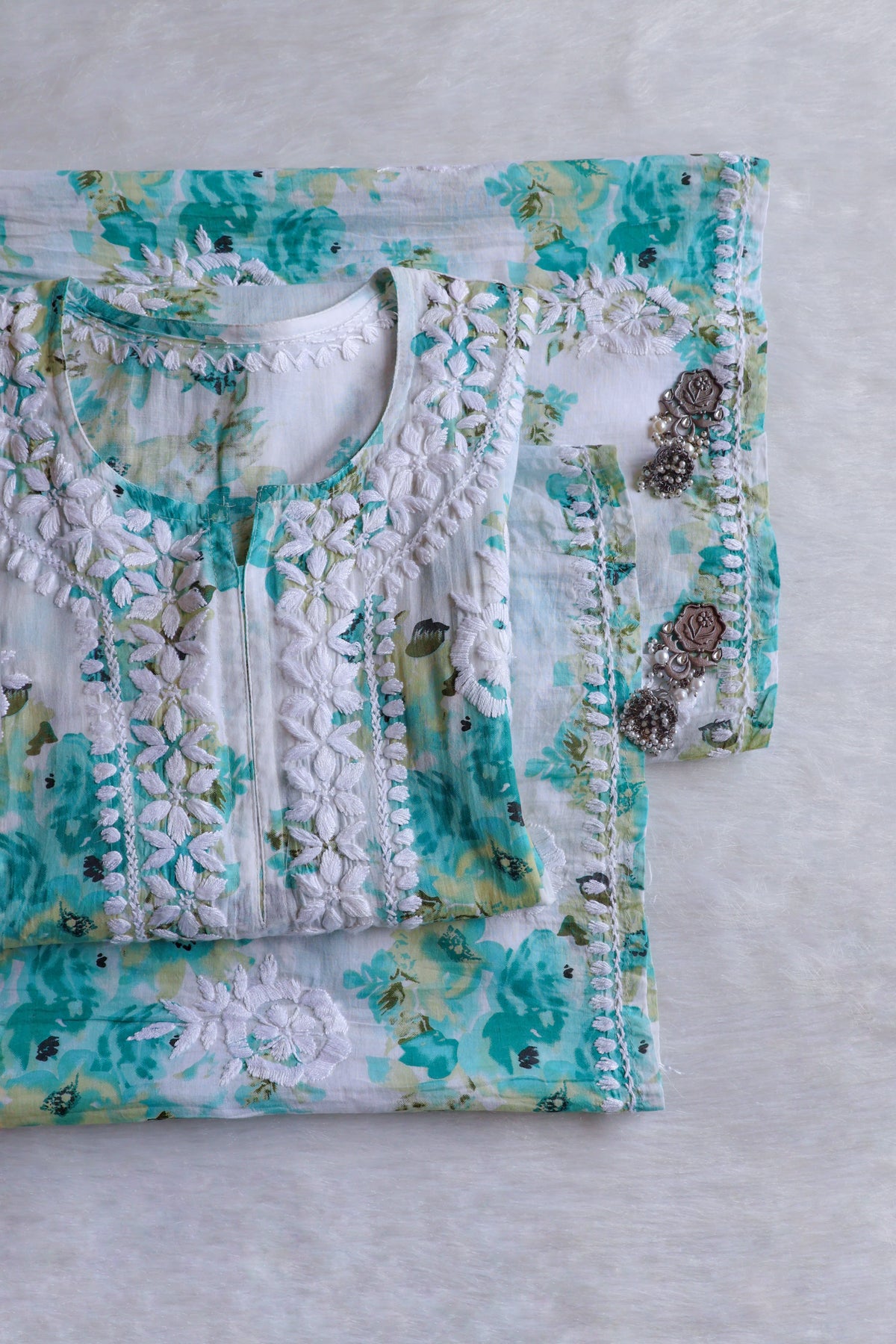 Gulshan White & Teal Green Pure Mulmul set