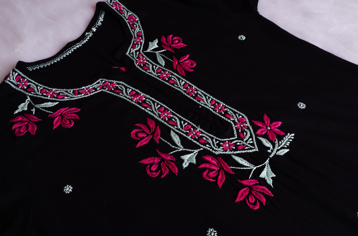 Gul Kashmiri Black & Deep Pink Modal Kurta Set