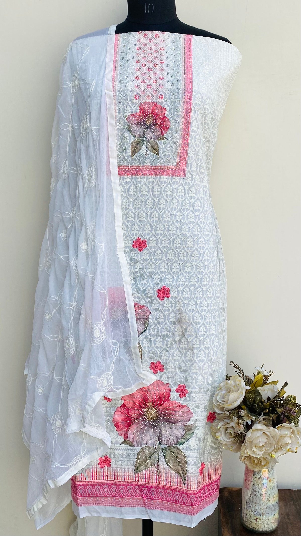 Chikankari Suit Length 3 Piece Cream Cotton With Stone Work
