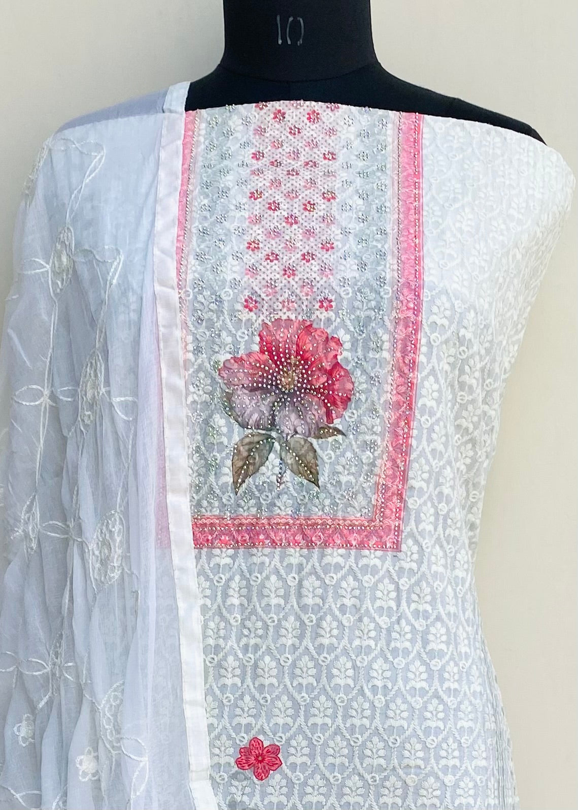 Chikankari Suit Length 3 Piece Cream Cotton With Stone Work