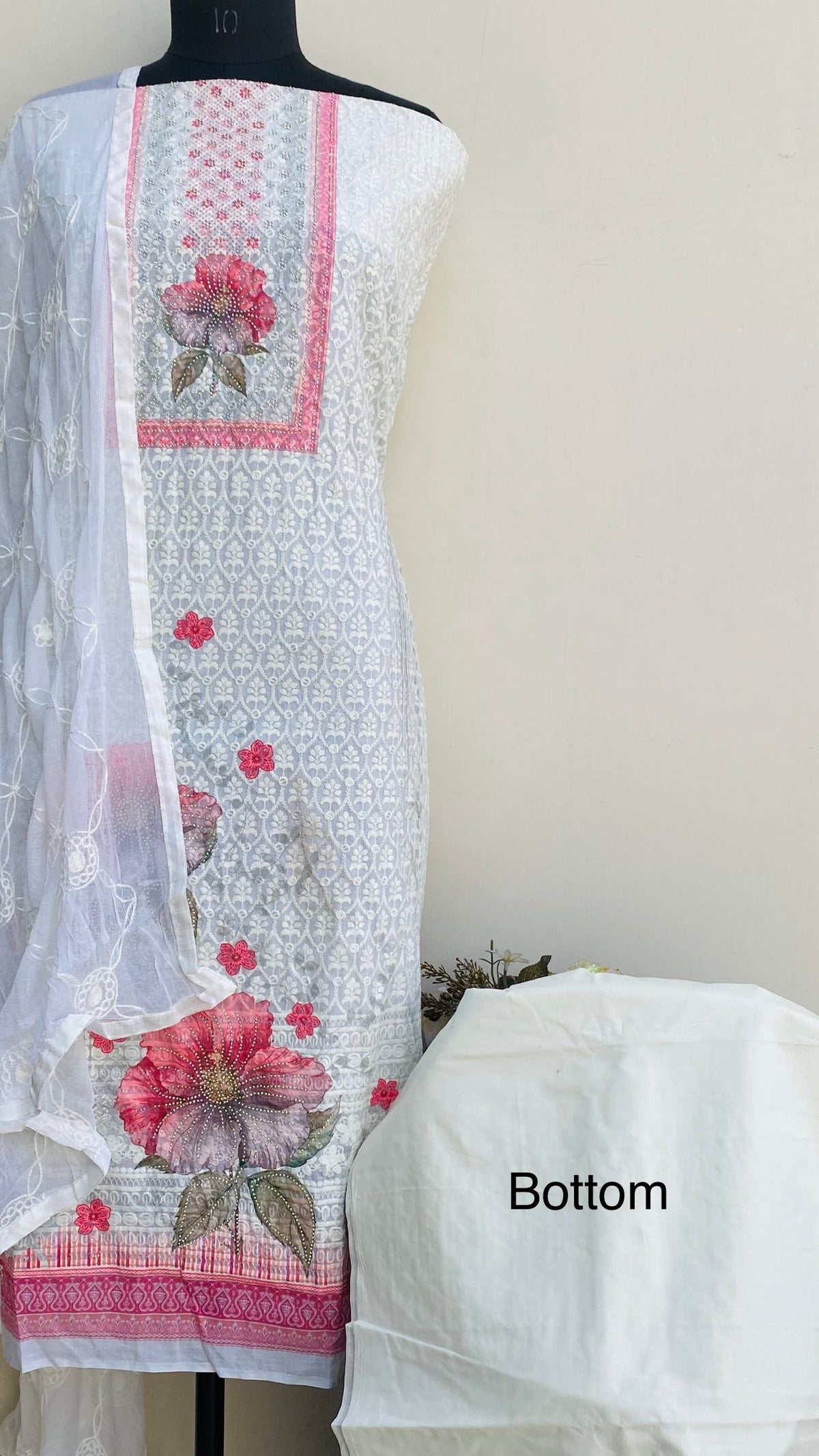 Chikankari Suit Length 3 Piece Cream Cotton With Stone Work