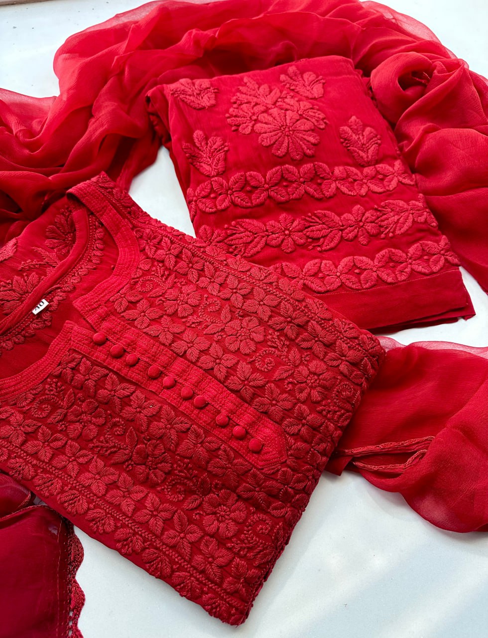 Georgette Chikankari Kurta &amp; Palazzo with Dupatta