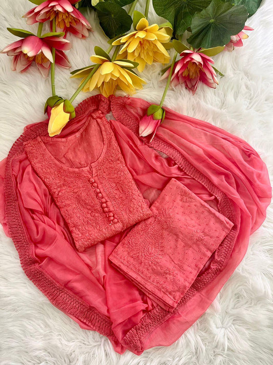 Pink Lucknow Chikankari Hand Work Dobby Cotton Tone-to-Tone 3-Piece Co-ord Palazzo Set with Chiffon Dupatta